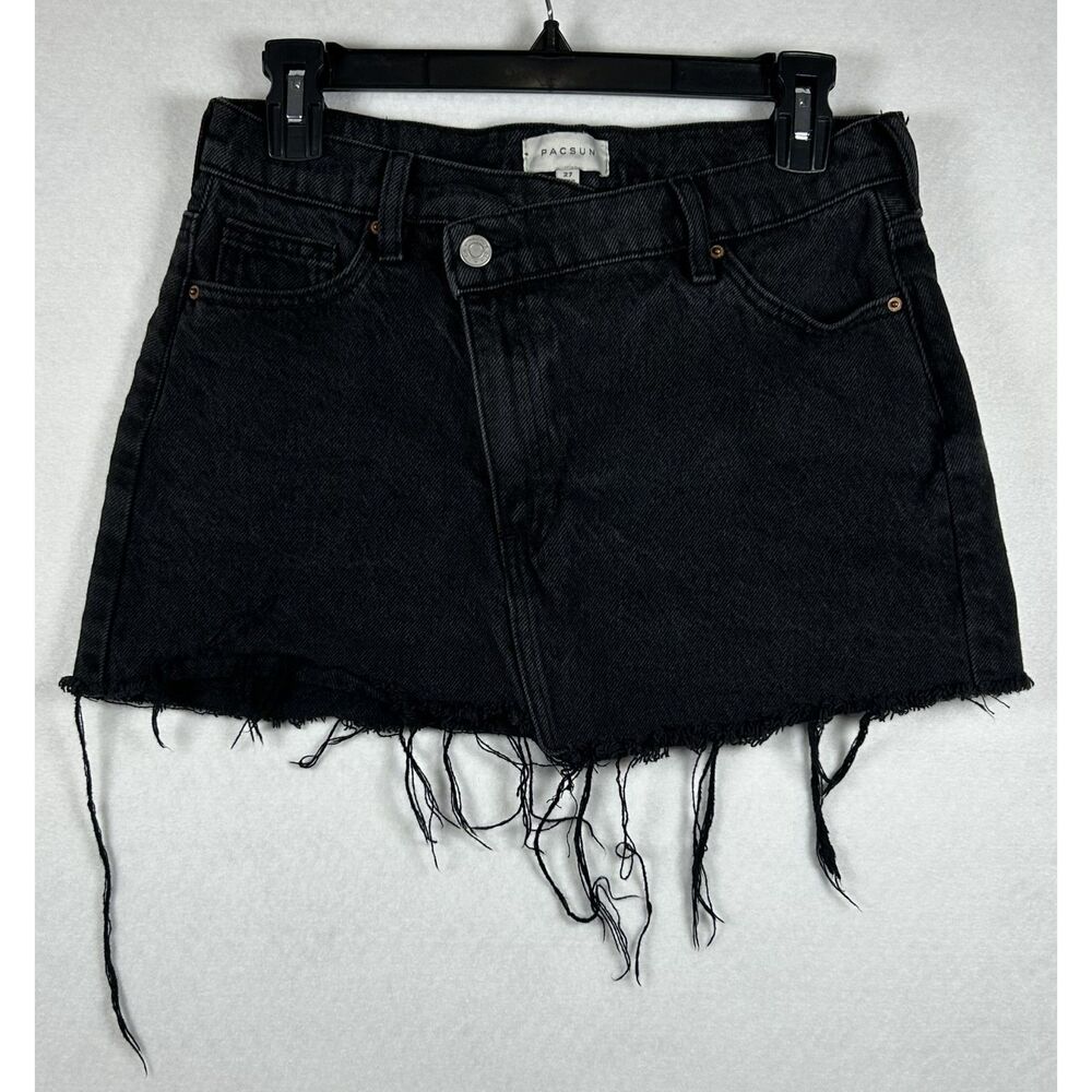 PacSun Asymmetrical Cross-Front Frayed Denim Mini Skirt, Black, Size 27